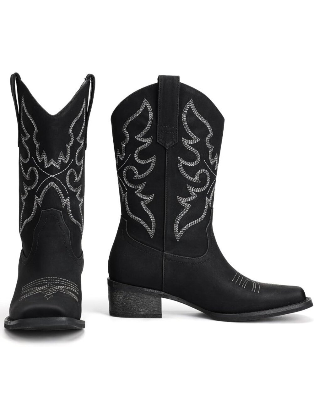 Women's Black Cowgirl Square Toe Mid Calf Western Pull On Low Chunky Heels - Picture 5 of 5
